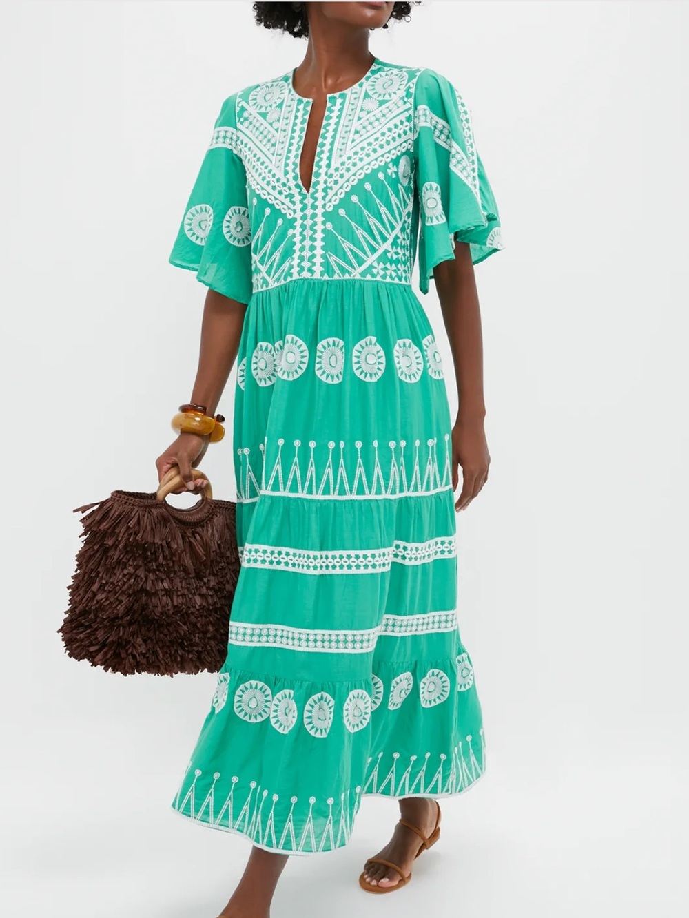 NWT Oliphant Soleil Sage Flirty V-neck Maxi Dress Size Small Green Embroidered